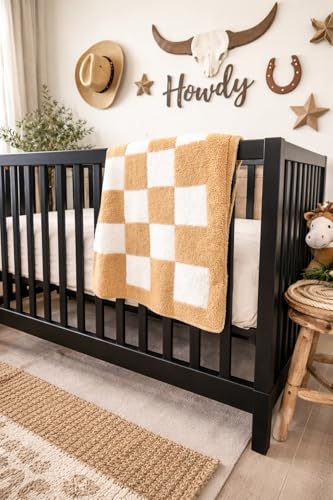 Image of L+L USA Checkered Baby Blanket 28 inchx40 inch - DreamSoft Knit Throw for Crib, Stroller or Car Seat - Soft Blanket /Newborn Nursery Gift Essential for Toddler, Infant, Kids, Boys & Girls (Tan /White)
