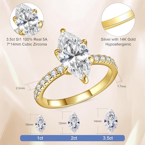 3.5CT Marquise Cut Engagement Ring for Women, Wedding Promise Cubic Zirconia Band, 14K Gold Plated Bridal Half Eternity Simulated Diamond Rings for Anniversary, Size 5-93