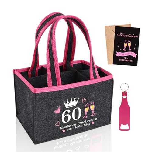 Originelle Geschenke 60 Geburtstag Bier Frau,Flaschentasche mit Flaschenöffne und Karte,für 6 Bierflaschen,Wein,Wiederverwendbare Handtasche,Happy Birthday für Frau,Freundin,Schwester, Bierträger (60)