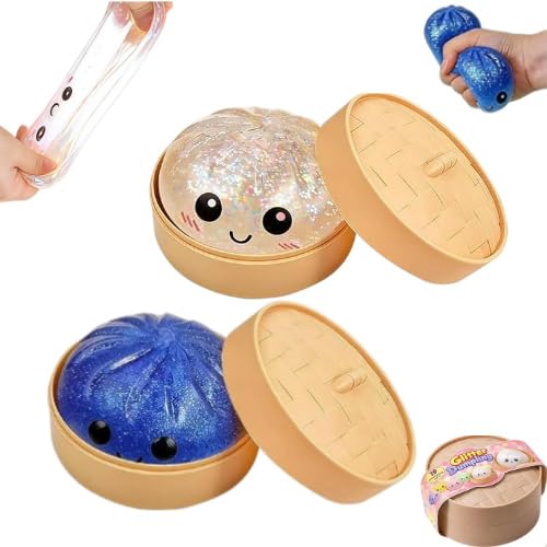 2 Pcs Giant Dumpling Squishy, Giant Dumpling Squishy Toy, Toy Dumplings with Steamer Box, Soft Squeeze Dough Hand Fidget Toys, Funny Slow-Rise Stress Toys, Blue/Colorful