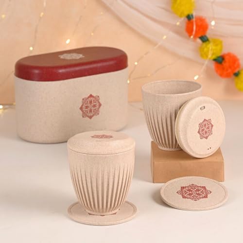 Image of Eha Earth-Friendly Wedding Gifts for Couple | Gifts Made with Rice Husk Biocomposite | Mandala Printed Mug and Coasters Set of 2, Keychain, Loopac Box | 250 ml | Sand Castle