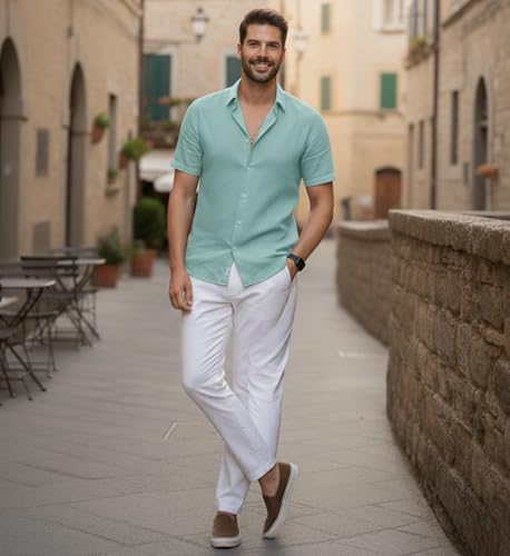 Image of Glowic Men Linen Shirt Casual Regular Fit Solid Stylish Summer Wear Shirt for Office Party Beach Holiday Lightweight Breathable Fashion Shirt