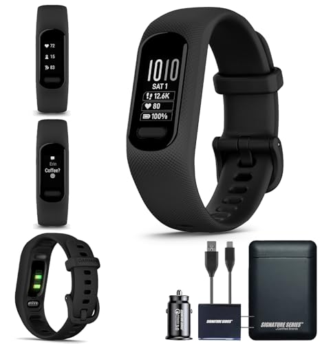 Garmin vivosmart 5 Fitness Tracker, Long-Lasting Battery, Wrist Heart Rate, Sleep Tracking, Compatible with Phone GPS, Black, Small/Medium with Signature Series Power Bundle