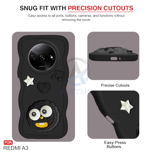 Image of AESTMO Back Case Cover for Redmi A3 | 3D Cute Fun Cartoon Characters | Anti Slip Grip Cute Wave Curly Frame Shape | Full Body Protection Back Cover for Redmi A3 | (Black)