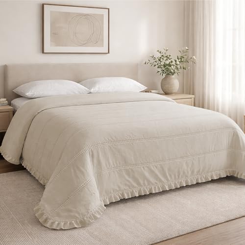 Liniva Home   Colcha Bouti Lavada Termosellada con Volante, SIN Cojines, Ligera para Verano y Entretiempo, 100% Microfibra, Tacto Extra Suave   Modelo Rayas Novara (Novara   Beige, Cama 150cm)