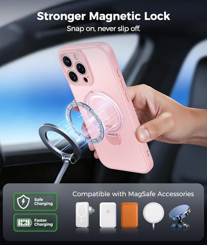 Image of FNTCASE for iPhone 16 Pro-Max Case: [360 Spin Magnetic Stand] [Compatible with Magsafe] [Screen Protector] Translucent Matte Military Grade Shockproof Full Camera Protective Phone Cover - Pink