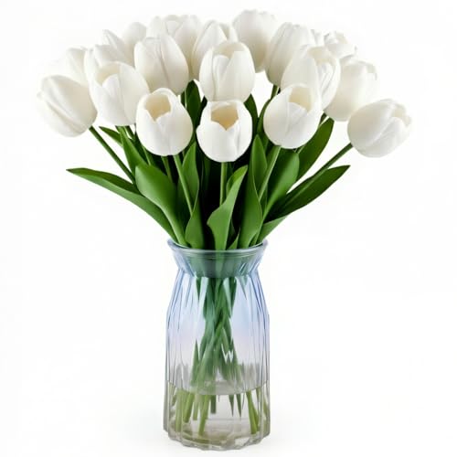 BTHM DSGN 20 Pcs Fake Tulips Flowers 16 Tall Realistic Touch Leaves Bottle Tulip Artificial Plants Indoor for Home Decor Small Office Home Living Room-Vase Not Include -White