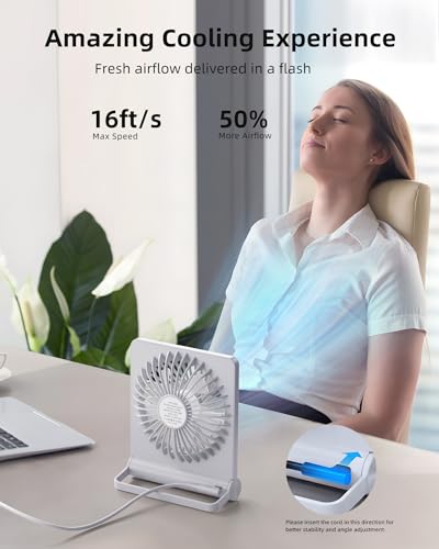 Image of Koonie USB Fan, Strong Wind Quiet Small Desk Fan 220 Tilt Folding 3 Speeds Adjustable USB-C Powered Personal Fan for Home Office Desktop, White, NO BATTERY