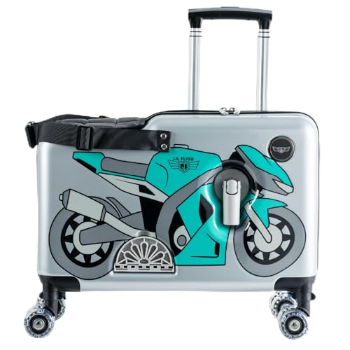 Younglingz LIL FLYER GO Version 2 Ride On Suitcase for Kids | Carry On Luggage with Toddler Seat Foldable Handlebars Pedals and Removable Wheels | Holds up to 80 lbs | Green Motorcycle | Ages 2-6