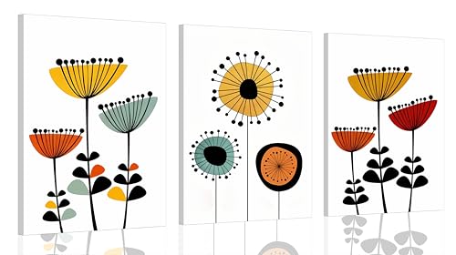 3pcs Framed Abstract Boho Floral Wall Art Vibrant Canvas Posters and Prints Modern Flower Paintings Pictures Artistic Wall Decor for Bedroom Living Room Office and Dorm Decoration