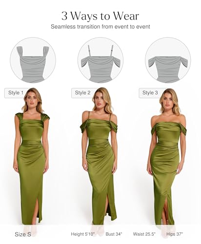 Image of Popilush Wedding Guest Dresses for Women Off Shoulder Shapewear Maxi | Multi-Way Wear, Built in Bra, Light Tummy Control, Ruched Satin Formal Cocktail Evening Bridesmaid Dress