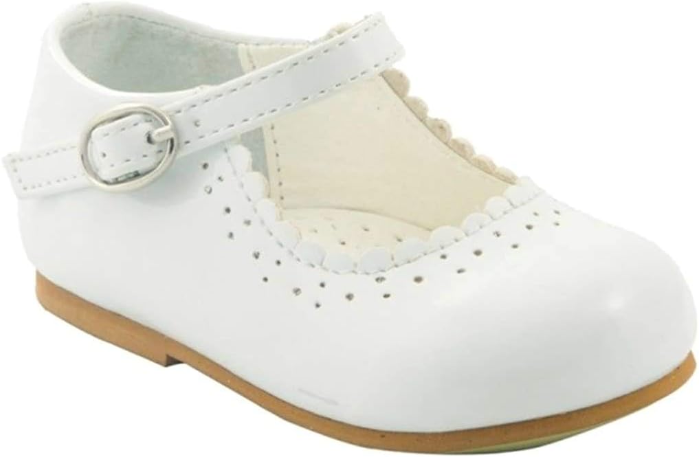 Baby Infant Girls Patent Non Slip First Walking Shoes Spanish Style Emma White Navy Black Pink Red Wedding Party (UK 7 (24 Euro) 2-3 years, White)