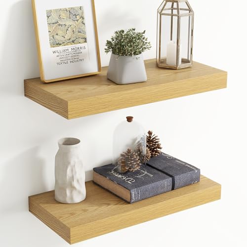 Image of 20 Inch Floating Shelves for Wall, 8 Inch Deep Floating Shelf for Storage & Display, Rustic Wall Mounted Shelf with Invisible Brackets for Living Room, Kitchen, Bathroom, Home Decor, Set of 2, Oak