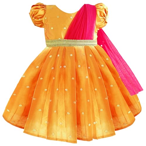 Image of Stanwells Kids Gold & Peach Banarasi Silk Saree Frock for Baby Girls - Traditional Ethnic Dress for Birthday (6 Months-7 Years)