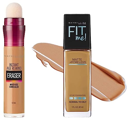 Image of Maybelline New York Instant Age Rewind Full Coverage Concealer,Caramel,6Ml&New York Fit Me Matte+Poreless Liquid Full Coverage Foundation For Oily Skin(With Pump),330 Toffee,30Ml,Pack Of 1