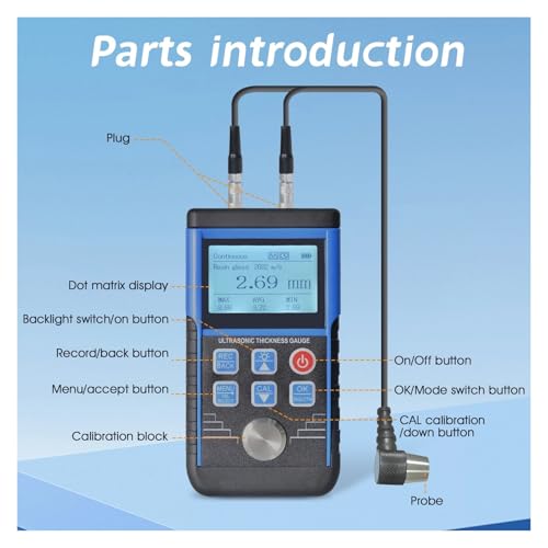 Calibrador de espesores ultrasónico, rango 0,8-500 mm, resolución 0,01 mm, portátil para metal/acero, con medición de velocidad del sonido y almacenamiento de datos miniatura 3