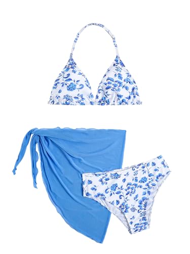 Image of SOLY HUX Girl's Summer Swimsuit Set Floral Halter Triangle Bikini Set with Wrap Skirts Beachwear