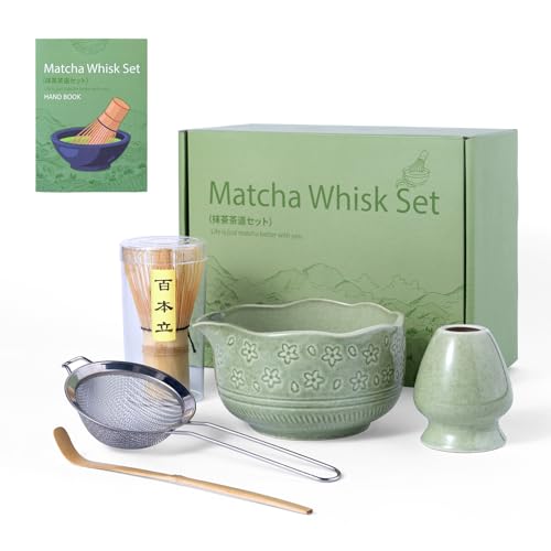 Matcha Whisk Set,5 Pcs Matcha Kit includes 18OZ Ceramic Bowl with Spout,Bamboo Whisk,Holder,Bamboo Scoop, Stainless Sifter for Matcha Lovers or Beginners