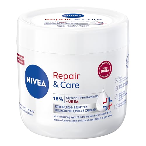 NIVEA Crema Repair & Care Urea 400 ml, Crema corpo idratante pelle secca, molto secca e ruvida, Crema multiuso per corpo, viso e mani con Glicerina e Urea per nutrimento profondo e idratazione 72h