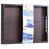 Large Serving Tray with Handles,17 x 13 x 2 Inch Dark Brown Acacia Wood Ottoman Tray Table...