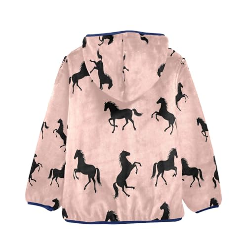 Black Horses on Pink Toddler Fleece Jacket Girl Boys Hooded Fleece Jacket Coat Warm Outwear Zip-up 3-10T2