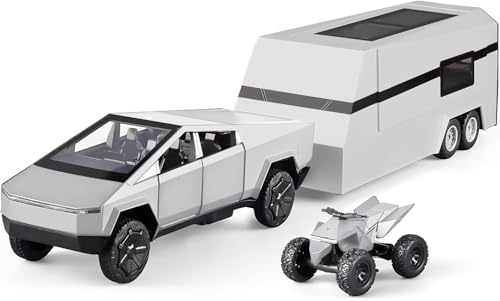 Image of 1:32 Scale Die-Cast Tesla CyberTruck with Pick-Up Trailer with 6 Openable Doors Pull Back Toy Car with Lights & MusicToy Car Gift for Kids (1:32 Cybertruck - Silver)