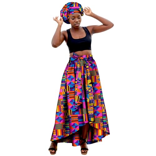 Dashiki - Falda larga para mujer con estampado africano, elegante, con pañuelo en la cabeza, 2 unidades, informal, tradicional, cintura alta, disfraz de Ankara, elástica, para traje regional, Rosa