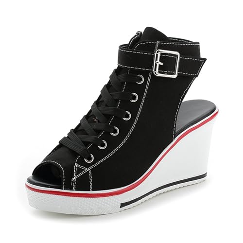 Image of OCHENTA Women's Peep Toe Wedge Sneakers Canvas Platform Shoes Side Zipper Lace up Buckle Fashion Sneakers Walking Shoes