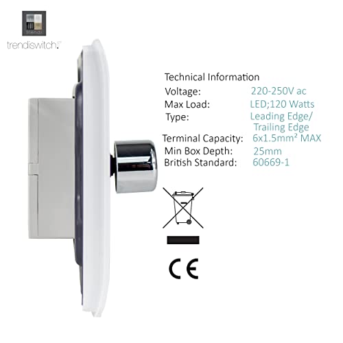 Trendi Artistic Modern Glossy Tactile 1 Gang 2 Way 120w LED Dimmer switch Ice White - Image 5