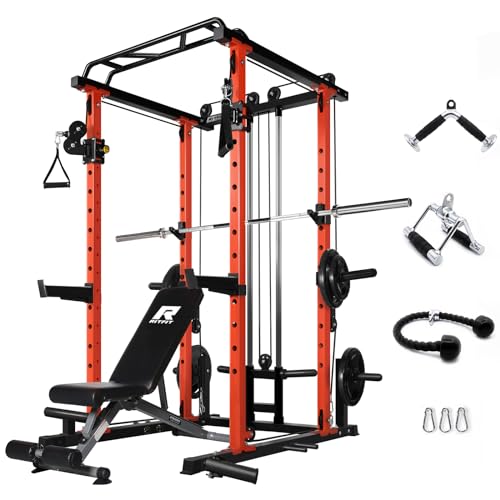 RitFit Squat Rack Power Cage Home Gym Package, Includes 1000LBS Power Rack with Cable Crossover System, Weight Bench, Weight Plate Set with Olympic Barbell (Package 1.2K (Rubber Plate 140LBS))-Orange