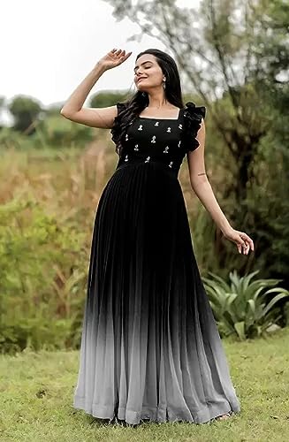 Image of LAZZLY Women's Georgette Ankle Length Dual Shaded Flared Embroidered Gown