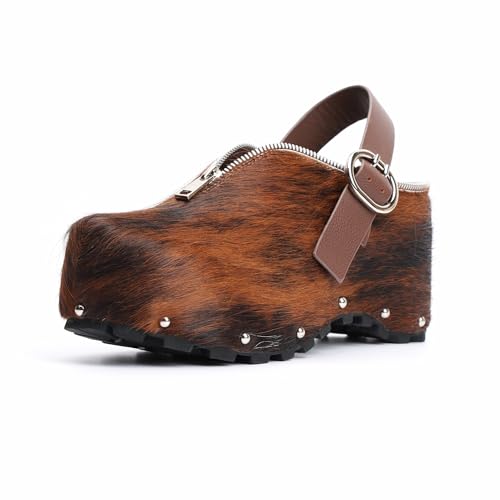 Image of XOBZJH Women's Natural Cow Print Fur Platform Clogs with Decorative Zipper & Adjustable Buckle Strap - Western Slip-On Punk Rivet Mules with Arch Support, Chunky Retro Rustic Style