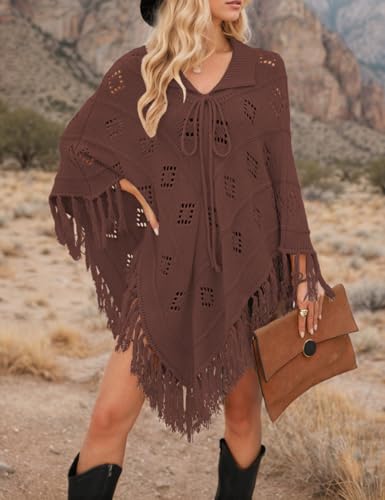 Women's Fashion Fringe Knitted Poncho Cape Lapel Hollow Crochet Shawl Cloak Loose Over Knitted Sweater4