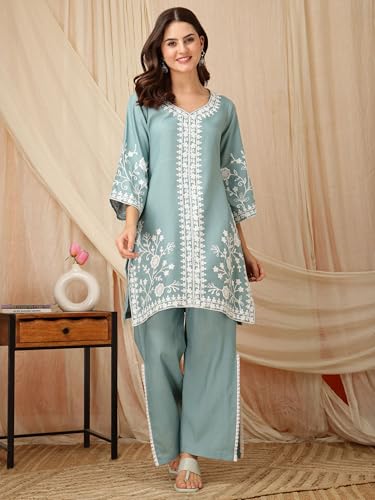 Image of EthnicJunction Women's Cotton Blend Chikankari Embroidered A-Line Kurta Palazzo Set Ethnic Wear Office Wear Daily Wear Festive Kurta Set for Women