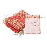 PATIKIL 100 Pcs Bolsas De Organza Estampadas con Corazón De 5x7 Pulgadas, Bolsas De Organza Roja Transparente con Cordón para Regalos navideño, Joyería, Fiestas Y Bodas