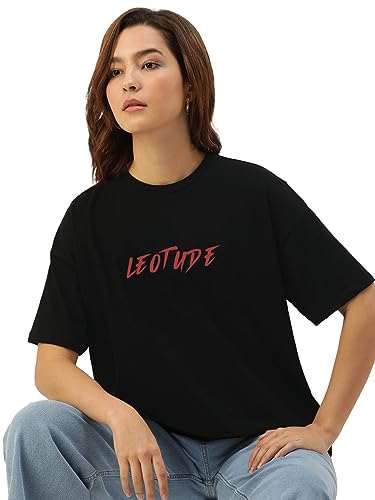 Image of LEOTUDE Women's Cotton Oversized Fit Short Sleeve with Round Neck, Oversized Longline Drop Shoulder, Back Printed T-Shirt