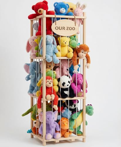 Rhyzoray Stuffed Animal Storage Organizer - Thick Wooden Toy Zoo for Playroom & Bedroom, Large Plushies Holder with Cute Jail Cage Design, Plush Toy Display Tower Shelf (Large)