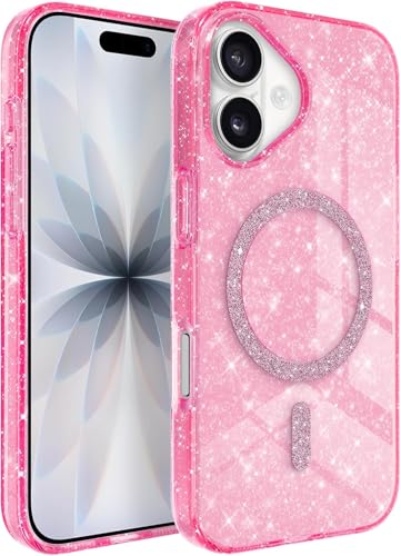 Image of mobistyle Magnetic for iPhone 16 Case, Clear Crystal Glitter 16 Phone Case Compatible with Mag-Safe, Shockproof Sparkly Cute Women Girl Cover for iPhone 16, Hot Pink Glitter
