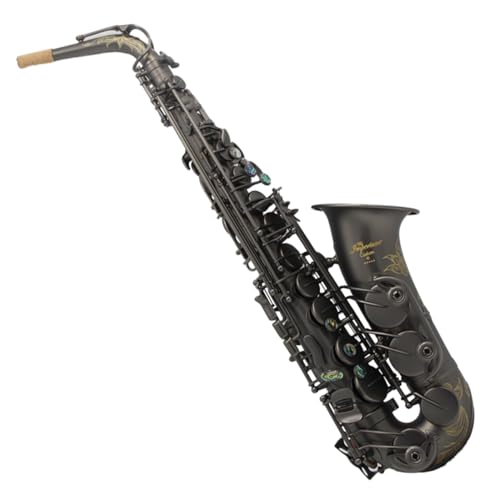 Eastern Music matt black alto saxopone with flower engravings.