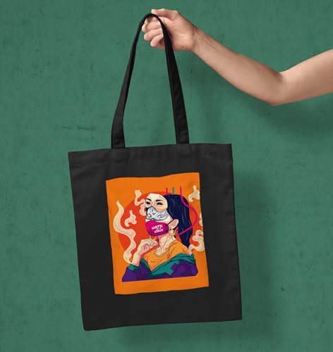 Image of ZORI Black Tote Bag With Pocket Printed Designed Canvas Tote Bags For Women large capacity,Tote bag For Shopping, College, Travel, More Canvas Handbag For Unisex Bag
