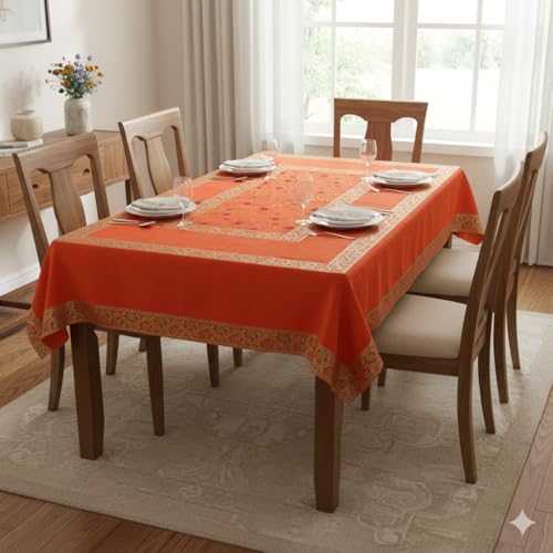 Image of New Year Room Decor Embroidery Brocade Silk Table Cover for Centre & Dinning Table and 4 & 6 Seater Dining Table /Tablecloth, (50 By 50 Inches) (Orange)