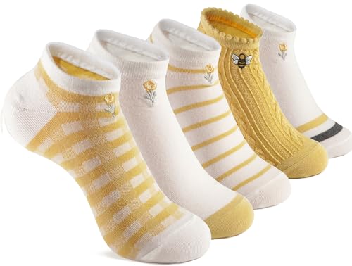 MESU Ankle Socks for Womens 5 Pairs Cute No Show Low Cut Socks Yellow Bee