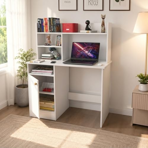 Image of SPYDER CRAFT Modern Indus Engineered Wood Study Table with Storage Shelf | Clean Minimalist Computer Desk for Home, Office, & Bedroom | Durable & Easy to Clean - (White) (Assembly DIY)