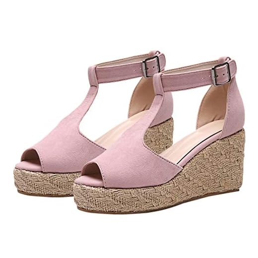 Happyyami Peep Toe Wedge sandaler damer espadrill plattform hög klack 8 cm brud fotled spänne skor halm rockabilly rund tå elegant, rosa, 40.5 EU