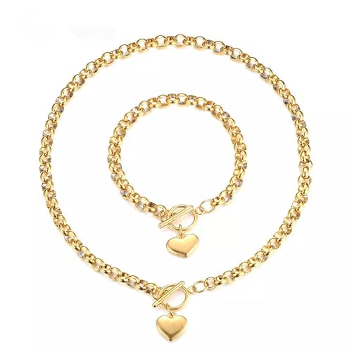 Puffs Heart Choker Necklace Bracelet Set for Women Gold/Silver Heart Pendant Necklace Bracelet Punky Pledge Necklace Bracelet Set Dainty Chunky Link Chain Choker Necklaces for Women
