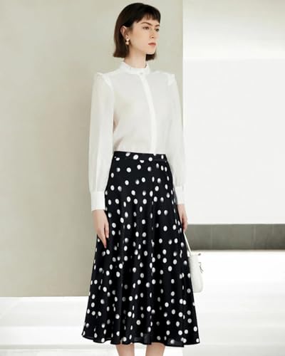 Women's Polka Dot Silk Midi Skirt - 19 Momme Mulberry Crepe de Chine, A-Line for Wedding/Office4