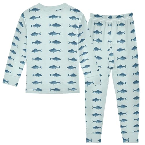 Pajama Sets Long Sleeve Blue Fish Pattern Print Soft Comfy Sleepwear 2 Piece PJS 3-8T3