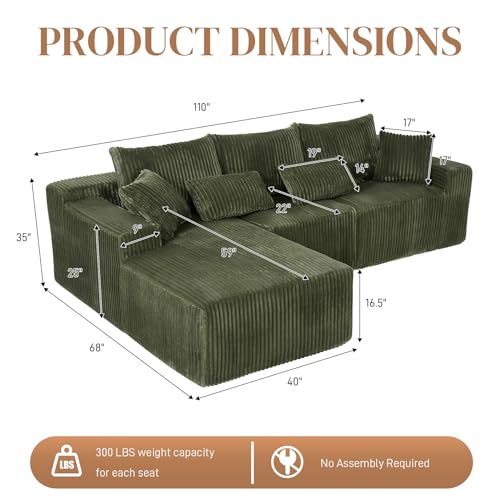 Image of 110 inch L Shaped Cloud Boneless Sectional Couches for Living Room, Modern Comfy Modular Deep Seat Memory Foam Compressed Corduroy Sofa Oversized Left Facing Chaise, No Assembly Required, Green
