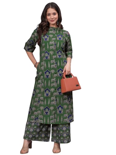 Image of Leriya Fashion Women Printed Kurta Set with Palazzo Pants | Straight Kurta with 3 /4 Sleeves | Ethnic Jaipuri Kurtis Palazzo Set for Women | Kurti for Daily Office & Casual