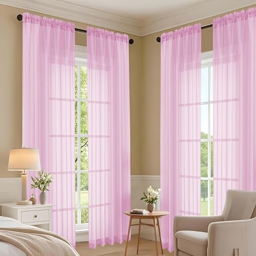 Image of OVZME Light Pink Bedroom Curtains 96 Length for Farmhouse, 59 Inch Extra Wide Light Filtering Voile Drapes Light Airy Window Decor for Patio Door Living Room Bedroom Dining, 59Wx96L Inches